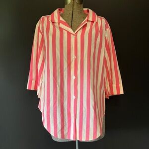 Damaged! Vintage Blair Pink & White Striped Button-Down Shirt 3/4 sleeve Medium